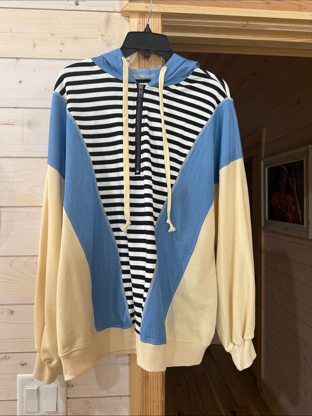 Women’s Colorblock lightweight hoodie Cream, Blue & Black Stripe